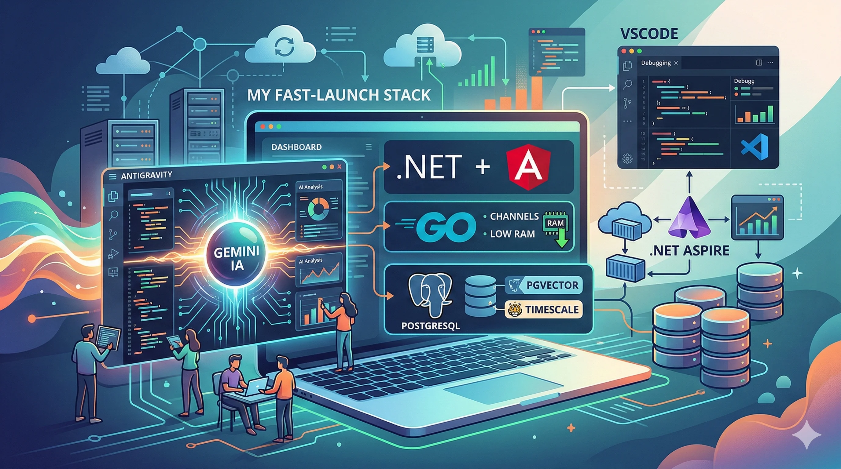 Technical stack infographic showing a development workflow with Gemini AI and Antigravity, .NET, Angular, and Go integration, PostgreSQL with PGvector and Timescale extensions, and orchestration via .NET Aspire and VSCode.